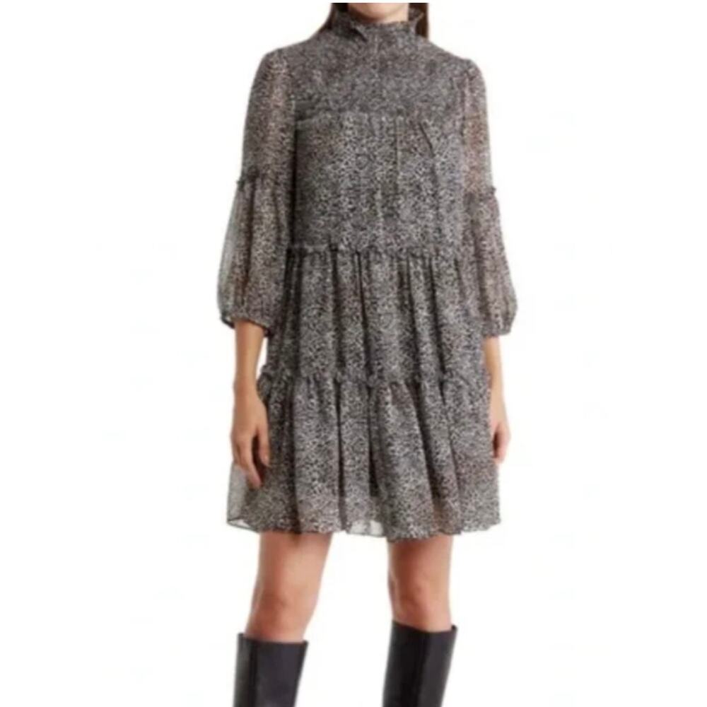 Taylor Leopard Print Black Mockneck Babydoll Tiered Chiffon Dress Women’s Large
